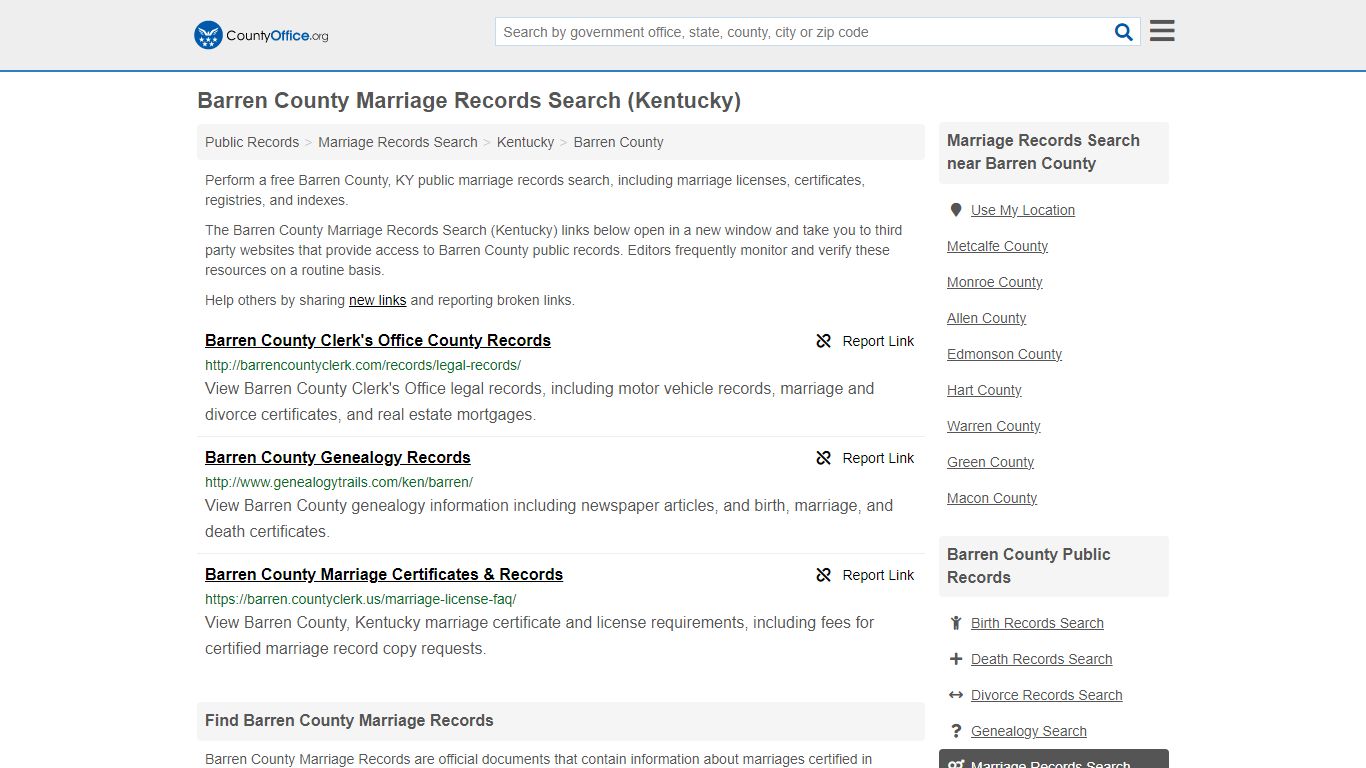 Barren County Marriage Records Search (Kentucky) - County Office