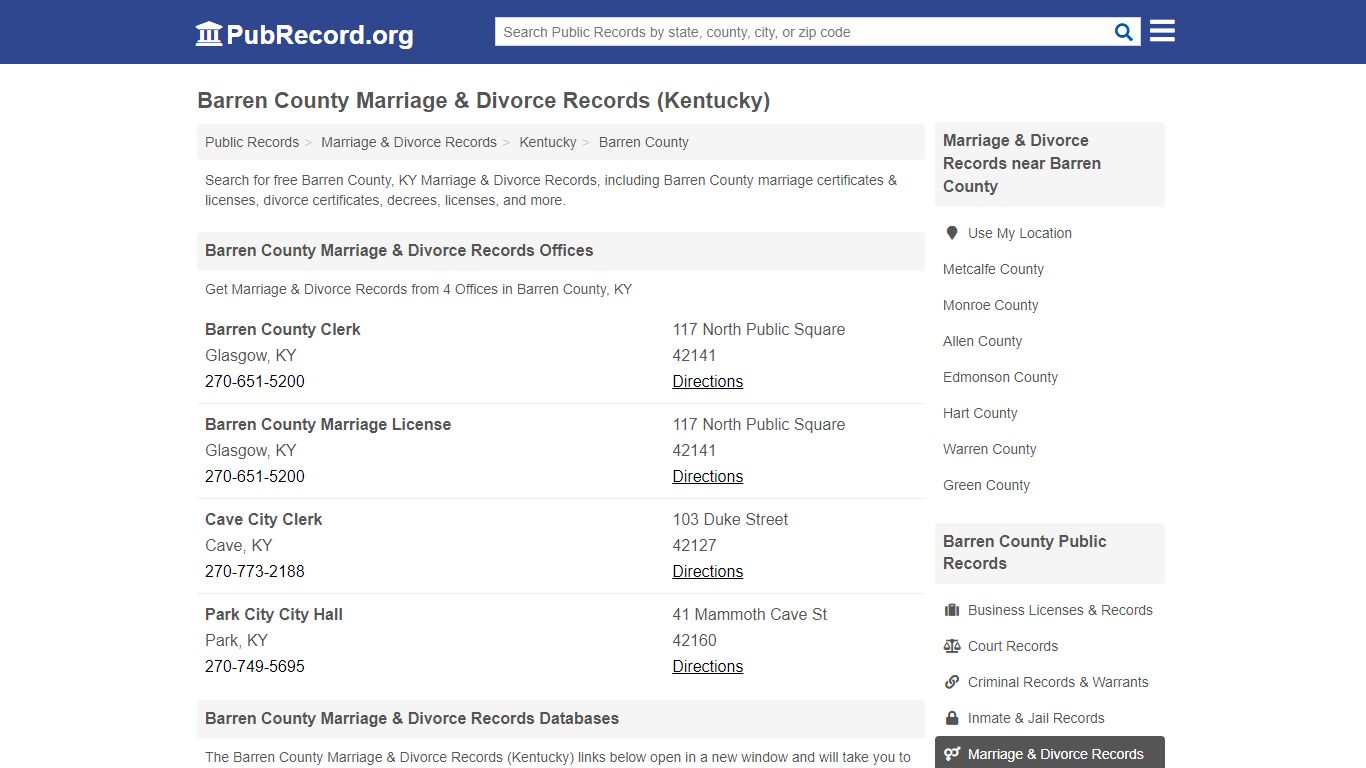 Barren County Marriage & Divorce Records (Kentucky)